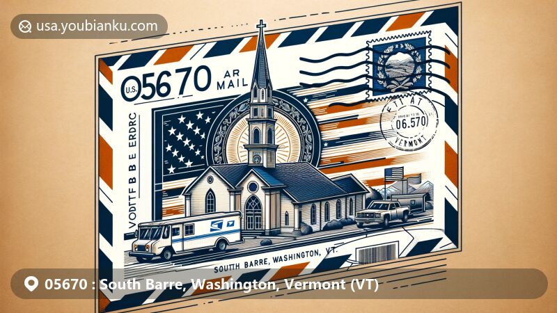 Modern illustration of South Barre, Washington, Vermont (VT), showcasing Vermont state flag, South Barre Church of Christ, and postal elements with ZIP code 05670, in the style of an air mail envelope.