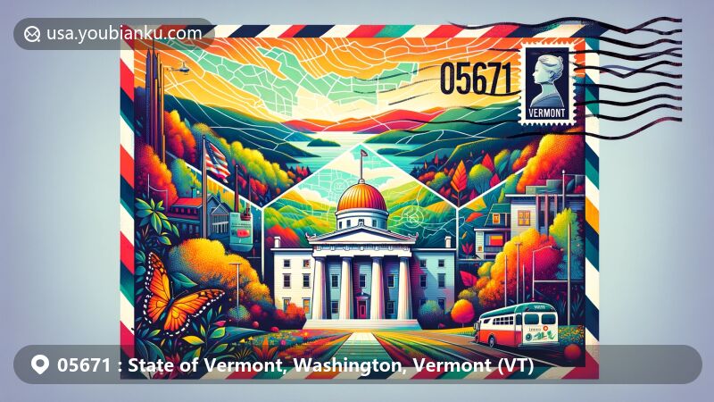 Modern illustration of Vermont town, Washington County, showcasing postal theme with ZIP code 05671, featuring State House, maple tree, and county map silhouette.