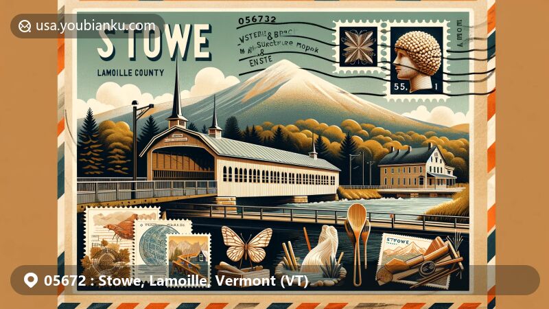 Modern illustration of Stowe, Lamoille County, Vermont, showcasing vintage postcard theme with Mount Mansfield, Gold Brook Covered Bridge, arts scene, Smugglers' Notch, maple syrup heritage, Stowe Recreation Path, and vintage postal stamp for ZIP code 05672.