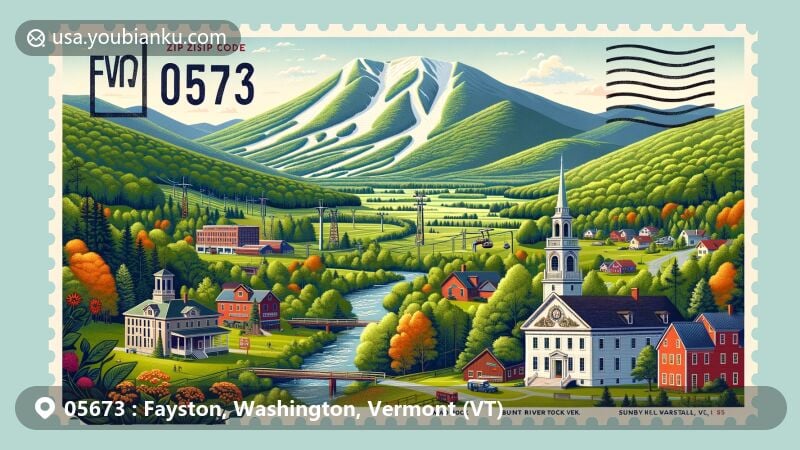 Modern illustration of Fayston, Vermont, representing ZIP code 05673, featuring Mad River Valley, Burnt Rock Mountain, town hall, schoolhouse, and postal theme elements.