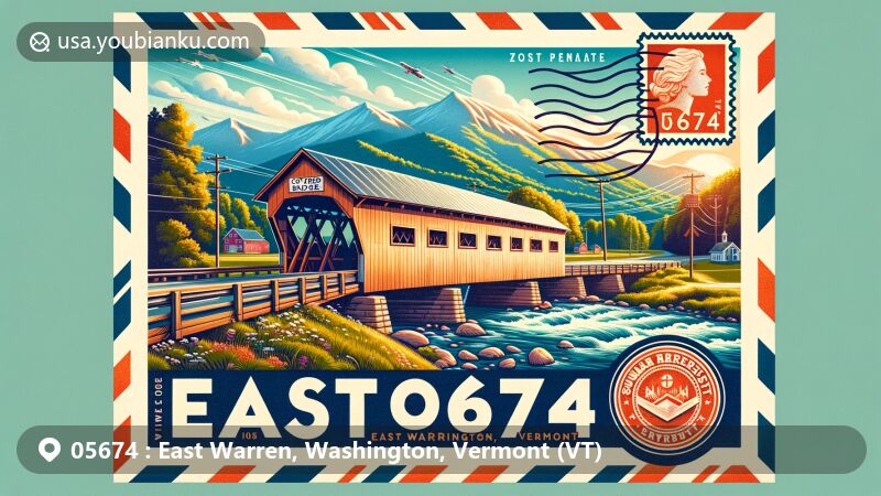 Modern illustration of East Warren, Vermont, highlighting Warren Covered Bridge over Mad River, Sugarbush Resort peaks, and vintage airmail envelope with ZIP code 05674.