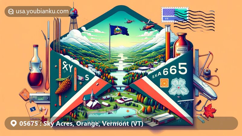 Creative representation of ZIP Code 05675 for Sky Acres in Orange County, Vermont, featuring Vermont state flag, iconic landscapes, maple syrup bottles, ski equipment, and postal elements.
