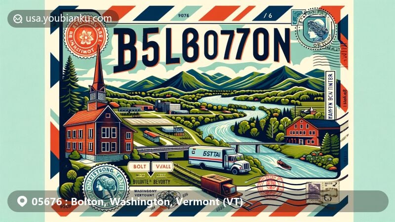 Modern illustration of Bolton, Washington County, Vermont, showcasing postal theme with ZIP code 05676, featuring stamp, postmark, mailbox, and mail truck, along with Bolton Valley ski resort, Winooski River, and Bolton Falls.