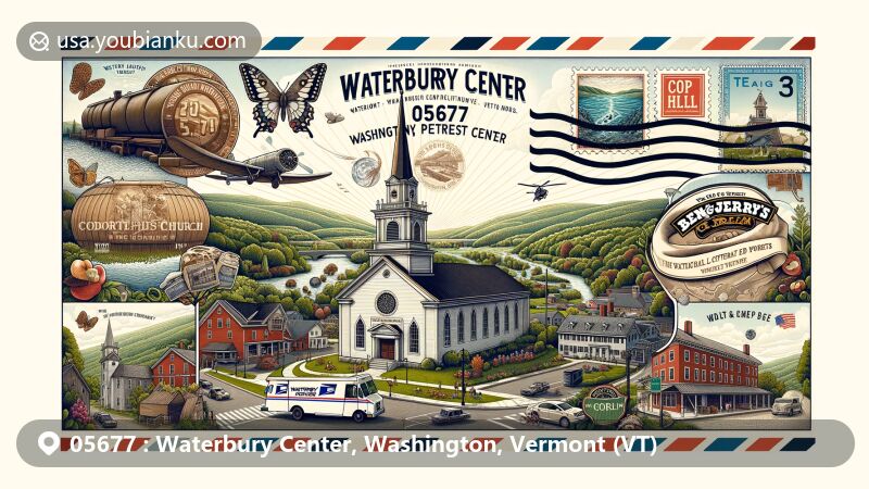 Modern illustration of Waterbury Center, Washington, Vermont, capturing the essence of ZIP code 05677 with landmarks like Waterbury Center Methodist Church, Cold Hollow Cider Mill, and Ben & Jerry's Ice Cream Factory.