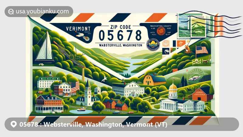 Modern illustration of Websterville, Washington, Vermont, highlighting ZIP code 05678, featuring Vermont state flag, Green Mountain National Forest, local landmarks like Vermont Creamery, Colby Mansion, and postal elements.