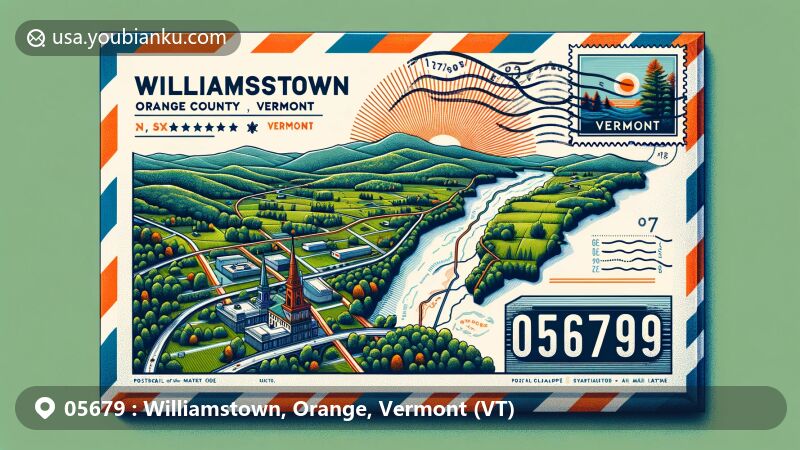 Modern illustration of Williamstown, Orange County, Vermont, featuring postal theme with ZIP code 05679, showcasing iconic landmarks and Vermont natural scenery.