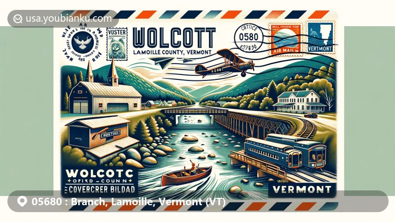 Modern illustration of Wolcott, Lamoille County, Vermont, showcasing vintage air mail envelope with local landmarks, including Lamoille River, Fisher Covered Railroad Bridge, and scenic views of Wolcott.