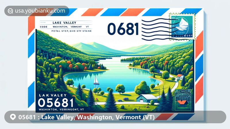 Modern illustration of Lake Valley, Washington, Vermont (VT), featuring serene lake, lush forests, and rolling hills, symbolizing postal aspects with ZIP code 05681.