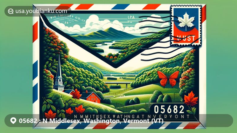 Modern illustration of N Middlesex, Washington County, Vermont, featuring postal theme with ZIP code 05682, showcasing iconic Vermont symbols and maple syrup, set against a backdrop of green hills and maple trees.