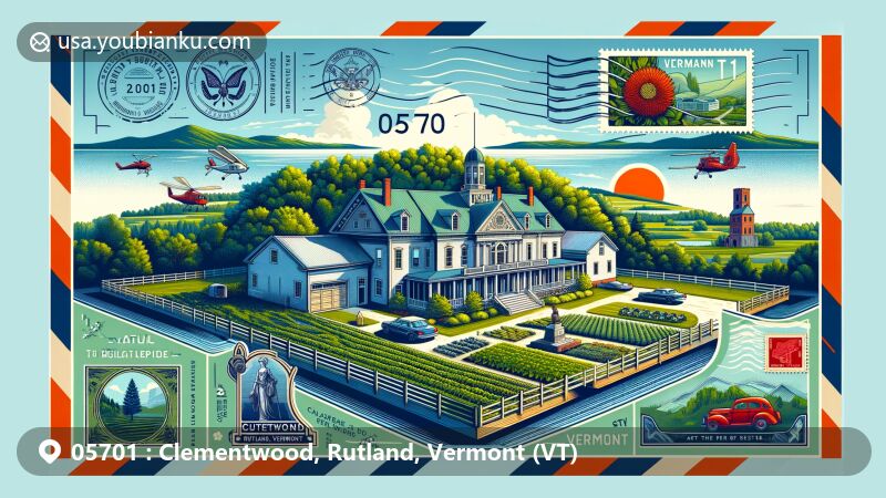 Modern illustration of Clementwood and Rutland, Vermont, postal code 05701, featuring main house, historical landmark, state symbols, and postal elements in a vibrant and eye-catching design.