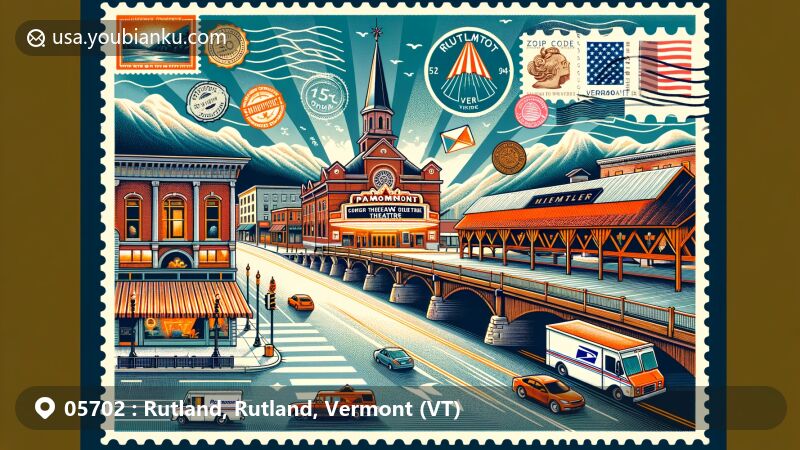 Modern illustration of Rutland City and Rutland County, Vermont, featuring postal theme with ZIP code 05702, showcasing historic downtown, Paramount Theatre, famous covered bridges, stamps, postmark, mailbox, and mail truck.