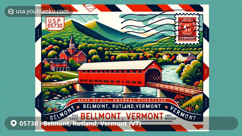 Illustration of Belmont and Rutland, Vermont, representing ZIP code 05730, featuring green mountains, Kingsley Covered Bridge-like structure, and Vermont Marble Museum, blending natural beauty and historical significance with postal elements.
