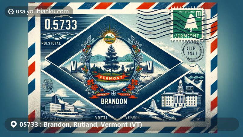 Modern illustration of Brandon, Rutland County, Vermont, showcasing state identity with flag and postal theme, including ZIP code 05733 and local landmarks, embodying rural charm and historical buildings.