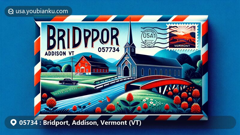 Modern illustration of Bridport, Addison County, Vermont, representing ZIP code 05734 with airmail envelope showcasing postal theme, featuring local landmarks and cultural elements.