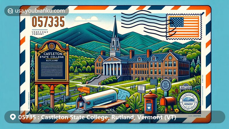 Modern illustration of Castleton State College, Rutland, Vermont, presenting a postal theme with ZIP code 05735, featuring picturesque campus, historical marker, and Vermont state symbols.