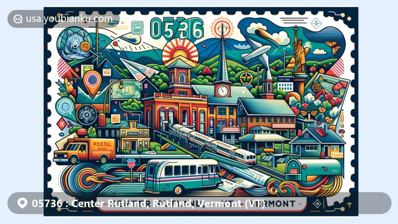 Modern illustration of Center Rutland, Rutland County, Vermont, showcasing postal theme with ZIP code 05736, featuring state flag, local landmarks, and classic postal elements.
