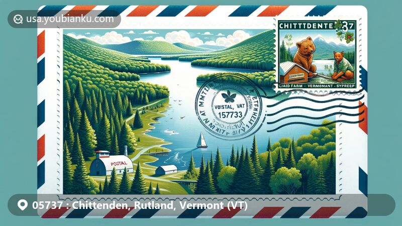 Illustration of airmail envelope with stamps, highlighting natural beauty of Chittenden, Vermont, featuring Chittenden Reservoir surrounded by Green Mountain National Forest and Baird Farm Vermont Maple Syrup.