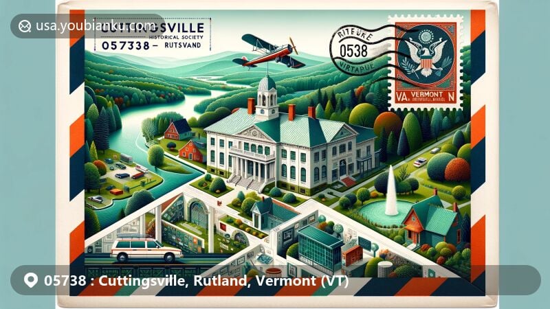 Modern illustration of Cuttingsville, Rutland, Vermont, featuring landmarks like Shrewsbury Historical Society Museum and Laurel Hall, set against Vermont's natural beauty, showcasing postal theme with vintage stamp and postal elements.