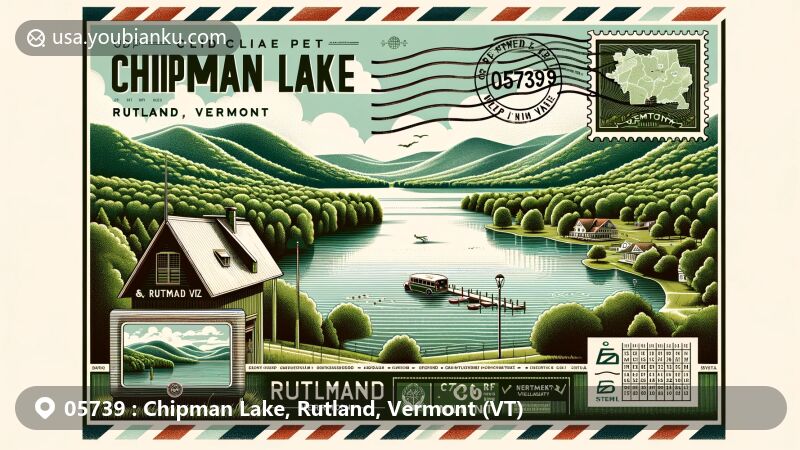 Modern illustration of Chipman Lake, Rutland, Vermont, showcasing postal theme with ZIP code 05739, featuring serene waters, Green Mountains, Vermont state symbols, and postal elements.