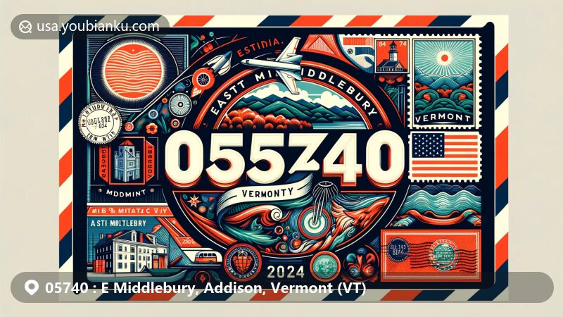 Modern illustration of East Middlebury, Addison County, Vermont, showcasing postal theme with ZIP code 05740, featuring iconic Vermont symbols like Green Mountains and state flag.