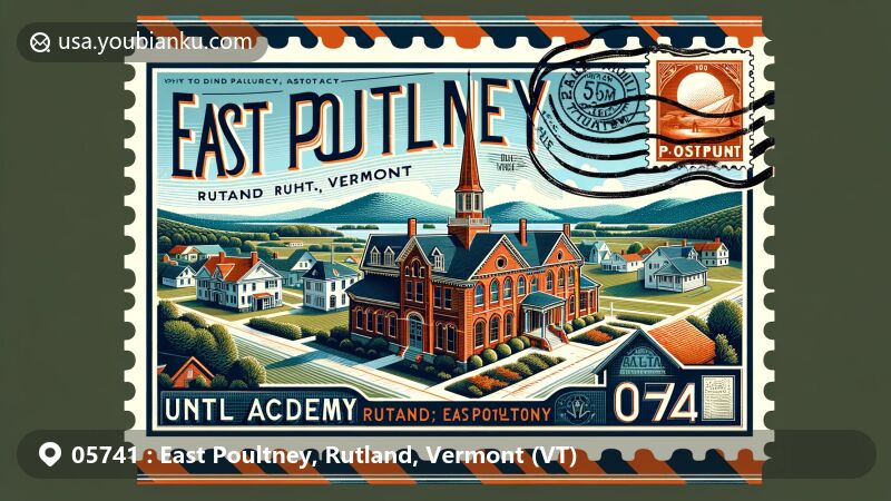 Modern illustration of East Poultney, Rutland, Vermont, showcasing postal theme with ZIP code 05741, featuring historic architecture like Union Academy and St. John's Gothic Revival Episcopal Church, along with natural beauty of East Poultney Green and Horace Greeley House.