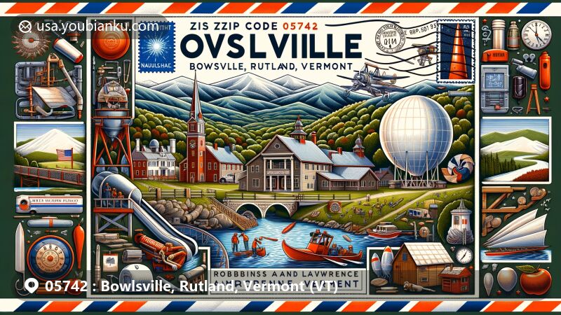 Modern illustration of Bowlsville, Rutland, Vermont, capturing postal theme with ZIP code 05742, featuring Robert Frost Farm, George Perkins Marsh Boyhood Home, Mount Independence, Naulakha, and more, blending cultural landmarks and natural beauty of Vermont.