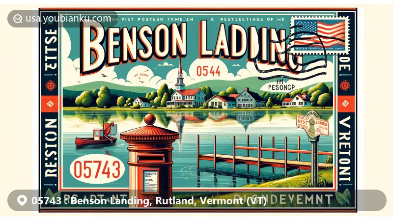 Modern illustration of Benson Landing in Rutland, Vermont, featuring rural charm and natural beauty, with lush greenery, a serene lake, ZIP code 05743, Vermont state flag, and red mailbox symbolizing communication in American rural areas.