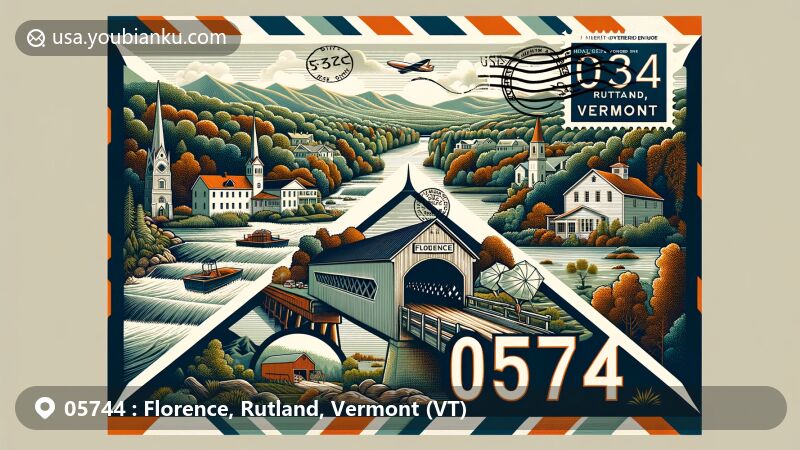 Modern illustration of Robert Frost Farm and Kingsley Covered Bridge in Florence, Rutland, Vermont, postal theme with ZIP code 05744, showcasing literary heritage and natural beauty of Vermont.