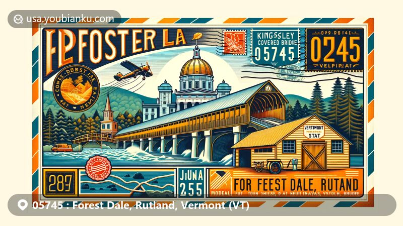 Modern illustration of Forest Dale, Rutland, Vermont, showcasing a vintage air mail envelope with ZIP code 05745 and town name, featuring stylized Vermont State House, historic Kingsley Covered Bridge, and Forest Dale Iron Furnace.
