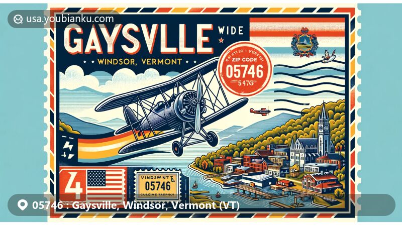 Modern illustration of Gaysville, Windsor County, Vermont, capturing postal theme with ZIP code 05746, featuring Vermont state flag, Windsor County outline, and iconic landmarks.