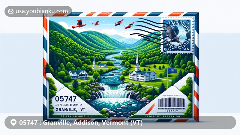 Modern illustration showcasing postal theme with a wide airmail envelope depicting Granville's Green Mountains, Granville Gulf Reservation, and Moss Glen Falls in ZIP code 05747, Vermont, complemented by Vermont state flag and postal elements.