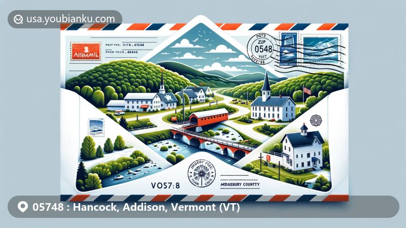 Modern illustration of Hancock, Addison County, Vermont, featuring natural beauty of Green Mountains and White River, along with iconic covered bridge and Middlebury College Snow Bowl. Postal theme includes stamps, postmarks, and ZIP code 05748, blending rural charm with postal elements.