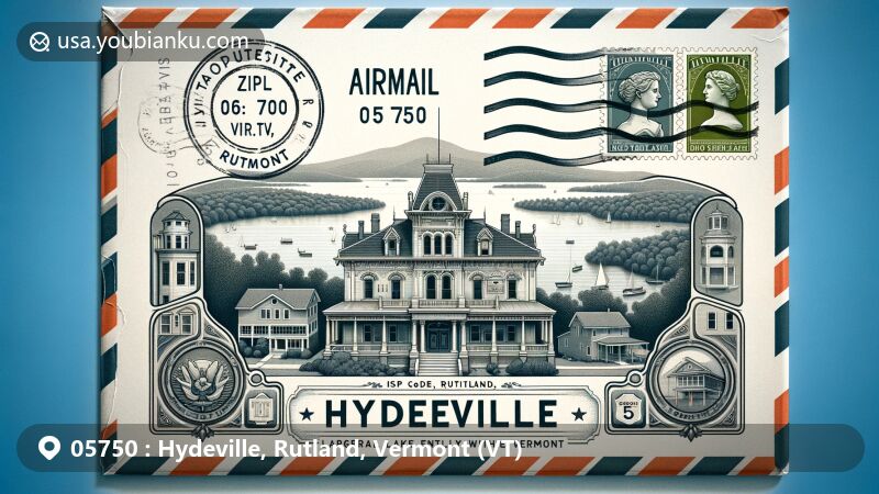 Modern illustration of Hydeville, Rutland, Vermont, depicting airmail envelope for ZIP code 05750 with scenic Lake Bomoseen, showcasing historic architectural styles like Greek and Gothic Revivals, Italianate, and Queen Anne.