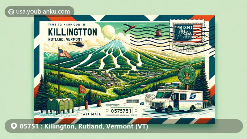 Modern illustration of Killington, Rutland County, Vermont, capturing the essence of outdoor paradise with lush Green Mountains and famous ski slopes, featuring Vermont state flag and iconic postal symbols.