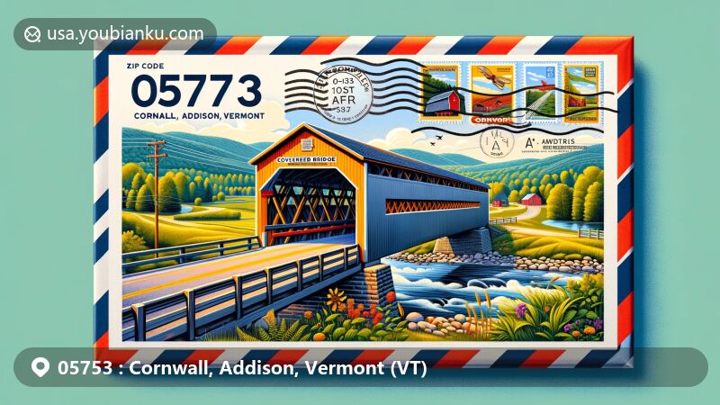 Modern illustration of Cornwall, Addison, Vermont, depicting iconic covered bridges like Halpin and Pulp Mill, integrated into scenic rural landscape with airmail envelope theme and vibrant colors.
