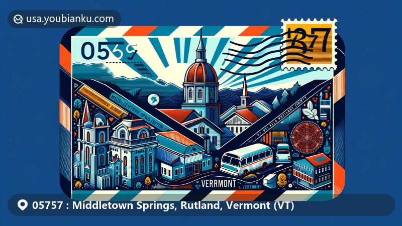 Modern illustration of Middletown Springs, Rutland County, Vermont, blending postal theme with ZIP code 05757, showcasing state flag and local landmarks.