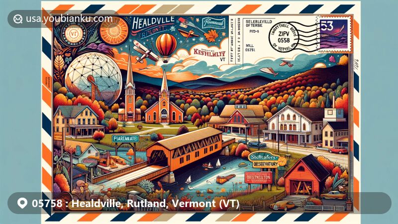 Modern illustration of Healdville, Rutland, Vermont (VT), showcasing Paramount Theatre, Stellafane Observatory, and Kingsley Covered Bridge, along with Vermont's cultural and natural elements like scenic landscapes and fall foliage, in a postcard-inspired design featuring vintage postal elements and ZIP code 05758.