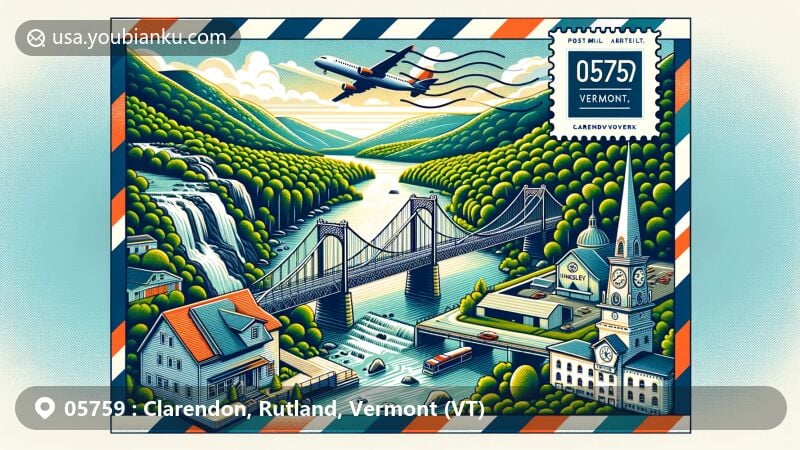 Modern illustration of Clarendon, Rutland, Vermont, capturing the essence of ZIP code 05759 with Clarendon Gorge suspension bridge, Kingsley Covered Bridge, and Rutland Southern Vermont Regional Airport, all artfully incorporated into a postage-themed design.