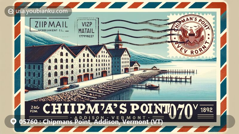 Modern illustration of Chipmans Point, Addison, Vermont, showcasing postal theme with ZIP code 05760, featuring iconic stone warehouses and scenic Lake Champlain view, including Vermont state symbols.