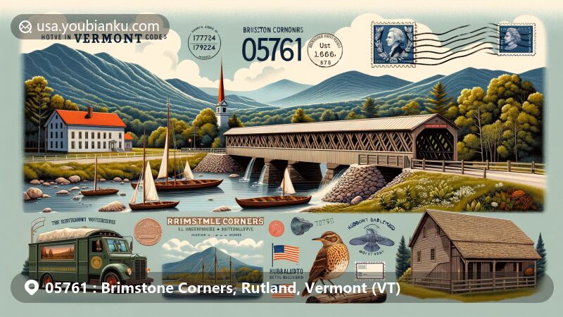Modern illustration of Brimstone Corners, Rutland, Vermont, highlighting ZIP code 05761, featuring Kingsley Covered Bridge, Hubbardton Battlefield, Vermont Marble Museum, state symbols like flag, sugar maple tree, and hermit thrush, with vintage postal elements including airmail envelope, '05761' postmark, mailbox, and mail truck.
