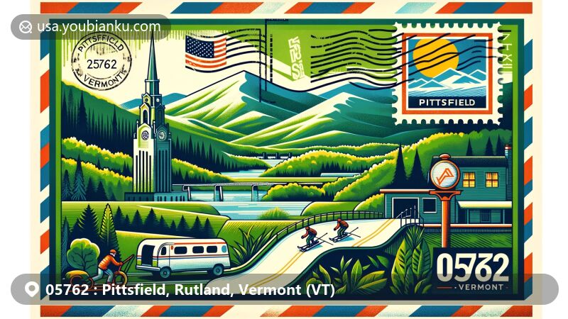 Modern illustration of Pittsfield in Rutland County, Vermont, featuring scenic Green Mountain Trails and the Pittsfield Snowshoe Race, with Vermont state flag and postal elements like a stamp with ZIP code 05762.