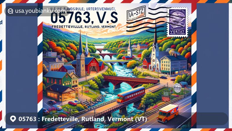 Modern illustration of Fredetteville, Rutland, Vermont, highlighting postal theme with ZIP code 05763, featuring landmarks like Kingsley Covered Bridge, Vermont Marble Museum, and natural scenery of Aitken State Forest.