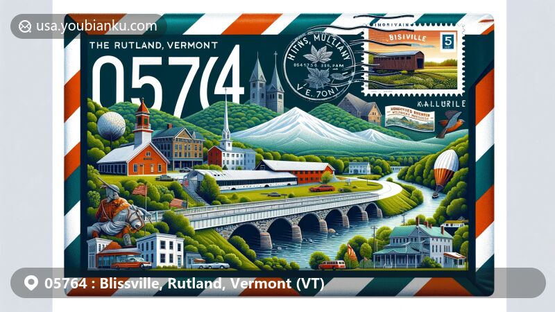 Illustration of postal-themed design for ZIP code 05764, Blissville, Rutland, Vermont, featuring iconic landmarks like Kingsley Covered Bridge, Hubbardton Battlefield, Green Mountain National Forest, Naulakha, and Robbins and Lawrence Armory.
