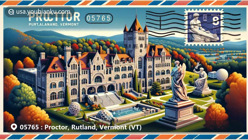 Modern illustration of Proctor, Rutland, Vermont, showcasing Wilson Castle and Vermont Marble Museum, set against picturesque Vermont landscape, styled as an airmail envelope with postal elements and ZIP code 05765.