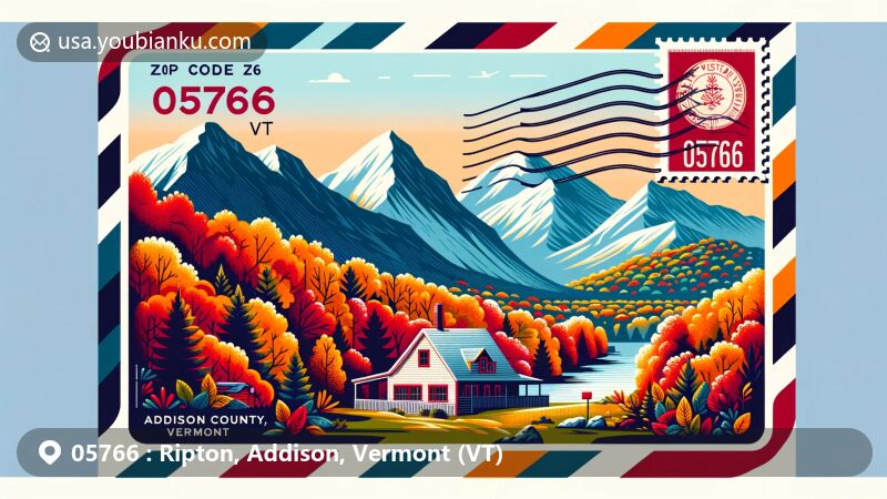 Modern illustration of Ripton, Addison County, Vermont, featuring autumn foliage, Bread Loaf Mountain, Robert Frost's cabin, and postal elements with ZIP code 05766.