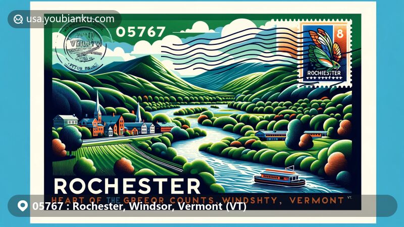 Modern illustration of Rochester, Windsor County, Vermont, capturing the essence of 'The Heart of the Green Mountains', featuring White River and lush natural scenery, incorporating postal elements with ZIP code 05767.