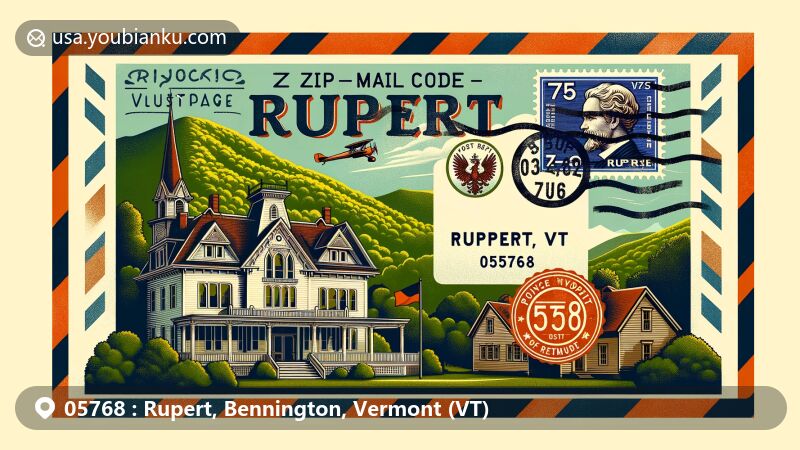 Modern illustration of Rupert, Bennington, Vermont, capturing vintage airmail theme with Taconic Mountains, Carver House, Rupert Village Historic District, and Prince Rupert stamp.