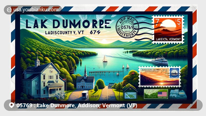 Modern illustration of Lake Dunmore, Addison County, Vermont, resembling an air mail envelope, depicting serene water scenery and cultural symbols like state flag, county map, and covered bridge.