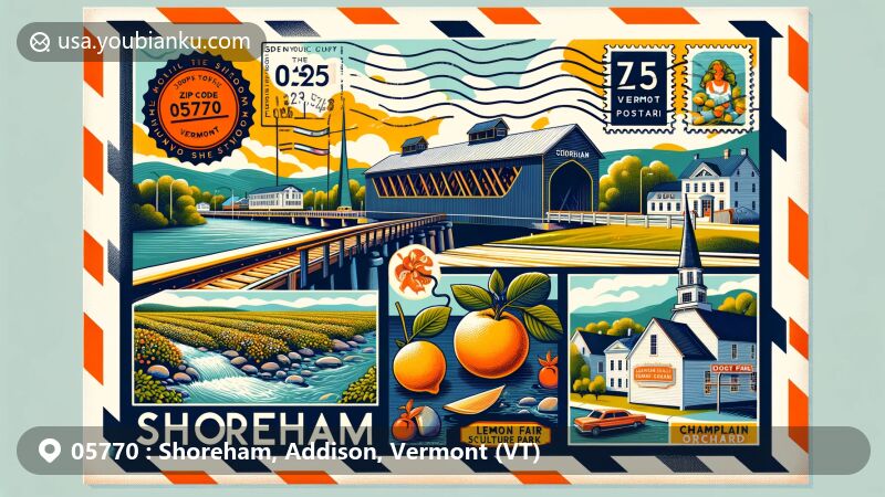 Modern illustration of Shoreham, Vermont, capturing the essence of ZIP code 05770 with iconic landmarks like East Shoreham Covered Railroad Bridge, Lemon Fair Sculpture Park, and Champlain Orchards, creatively integrated into a postal theme.