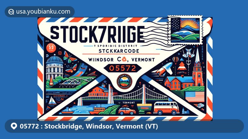 Modern illustration of airmail envelope featuring postal theme with ZIP code 05772 from Stockbridge Town, Windsor County, Vermont, showcasing typical postal elements like stamps and postmarks, along with landmarks like Stockbridge Common Historic District and Stockbridge Four Corners Bridge, and Vermont state symbols.